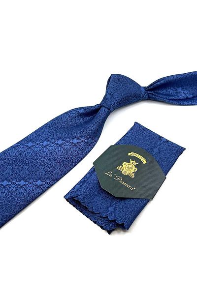 Kravatkolik Classic Tie with Blue Motif Pattern Handkerchief KK12426