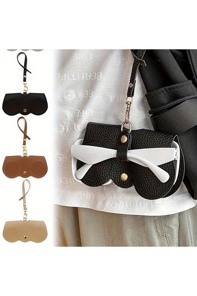 lovegame Soft Leather Black Glasses Bag with Portable Chain and Handle Detail - Double Protection
