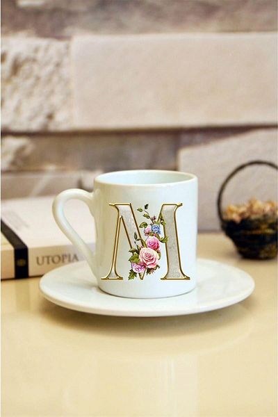Kumbara Hediyelik White Turkish Coffee Cup with Patterned Letter M Printed