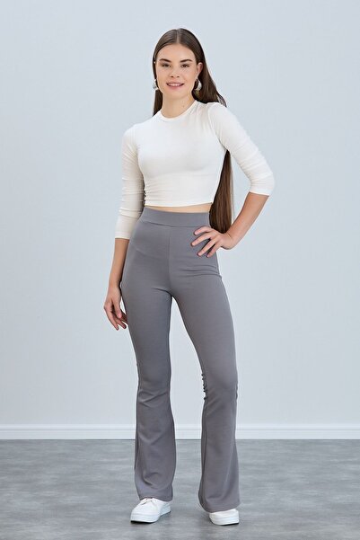 hanope بنطال كريب رمادي من الليكرا عالي الخصر - مرن ولا يظهر من الداخل، بنطال...