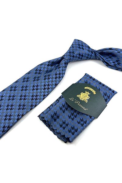 Kravatkolik Classic Tie with Blue Motif Pattern Handkerchief KK12025