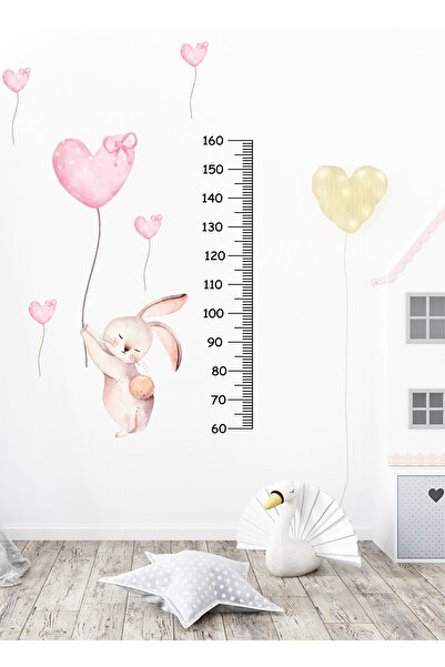 Ayza Tasarım Tavşan Pembe ve Sarı Kalp Temalı Boy Ölçer Boy Ölçme Cetveli Çoc...