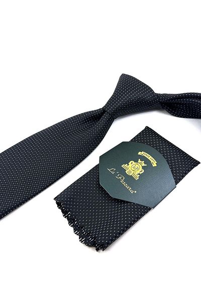 Kravatkolik Classic Tie with Black Dot Pattern Handkerchief Kk11257