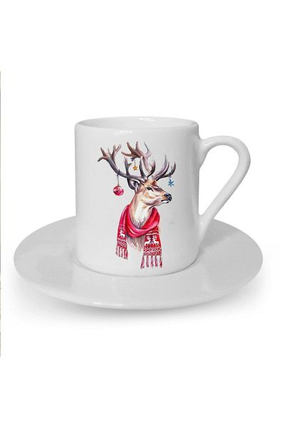 Kumbara Hediyelik New Year Christmas Themed Printed White Turkish Coffee Cup
