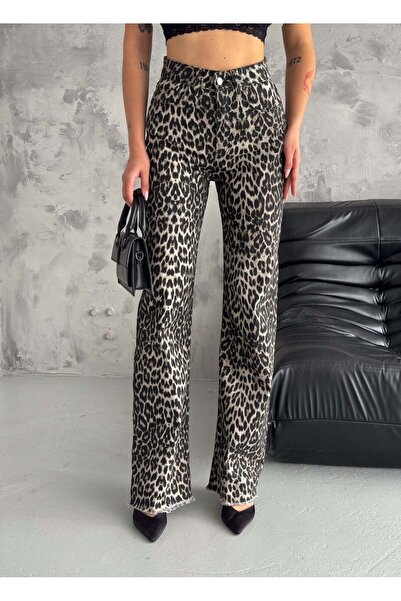 efstyle leopar desenli likralı palazzo denim pantolon
