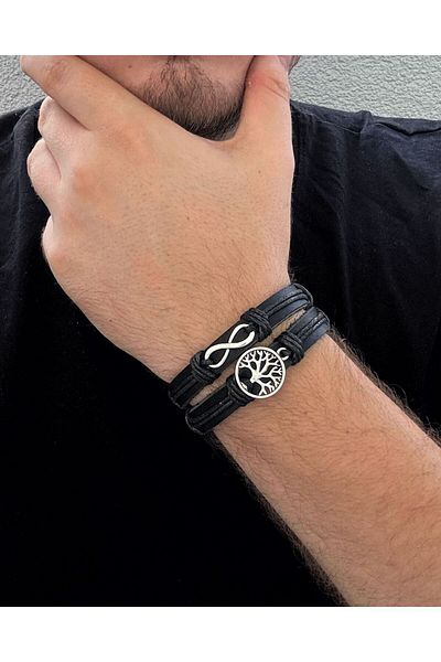 BSN Store Tree of Life Infinity Figured 2-Piece Handmade Genuine Leather Bracelet