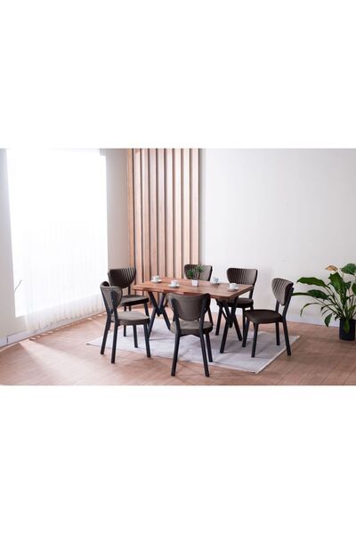 YZC Kütük Desenli Mdf Gold Elma Mutfak Masa Takimi 6 Sandalyeli Salon Yemek Masa Takimi