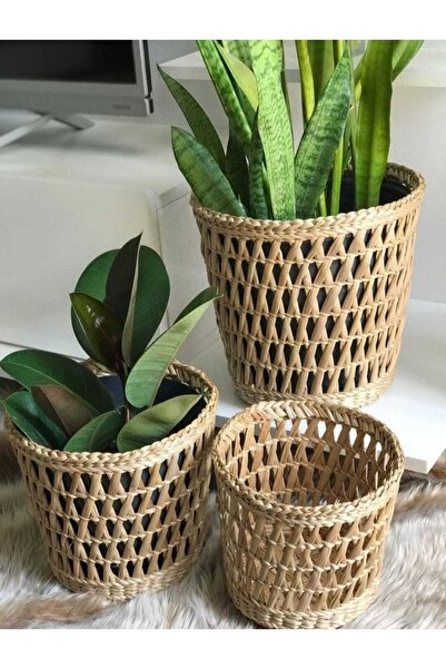 Süs Dükkanı Hasır Sepet Çiçek Saksısı Dekoratif Model 3 Lü Set