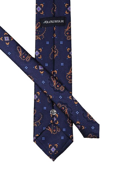 Kravatkolik Navy Blue Shawl Pattern Classic Tie with Handkerchief Kk9945