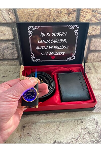 sihirlihediyem Set Kutusunda Deri Cüzdan , Kemer , Saatli Işıklı Çakmak