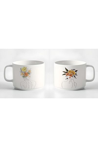 Hediyexpres Double Turkish Coffee Cup & Espresso Minimal Linear Women Printed Mug 2 Pieces 180 Ml
