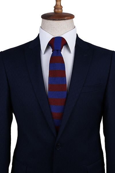 Kravatkolik Claret Red - Blue Line Pattern Knitted Tie Ör8294