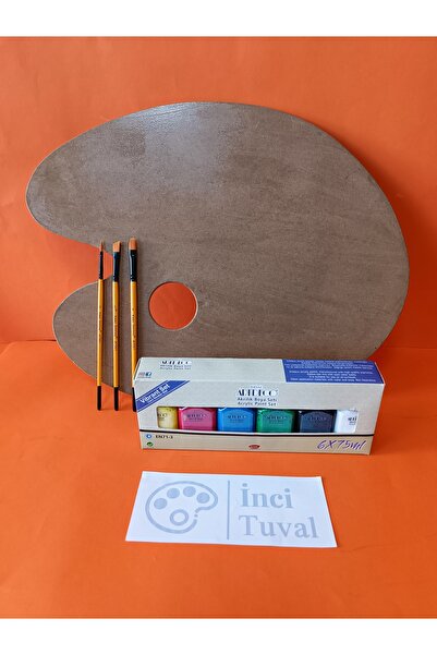 İNCİ TUVAL Ahşap Resim Paleti Fırça Akrilik Boya Seti 35x45 cm Büyük Boy Oval...