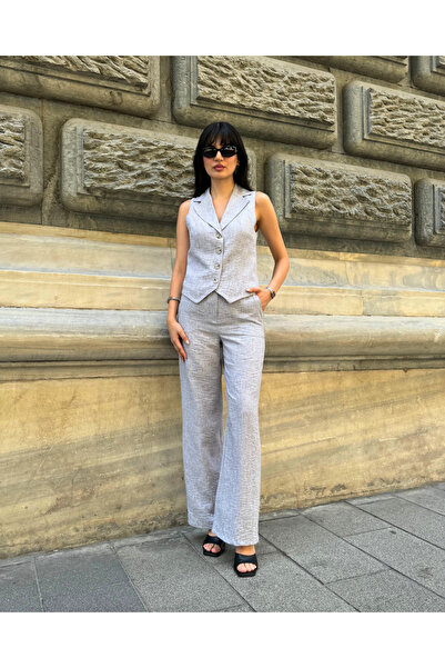 deqfashion طقم سترة من قماش الكتان الرمادي Palazzo Pants مكون من قطعتين