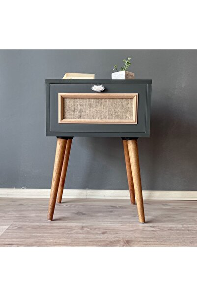 DECODUAL Antrasit Hasır Ahşap Komodin Yan Sehpa Yatakbaşı Başucu Sehpası Kapa...