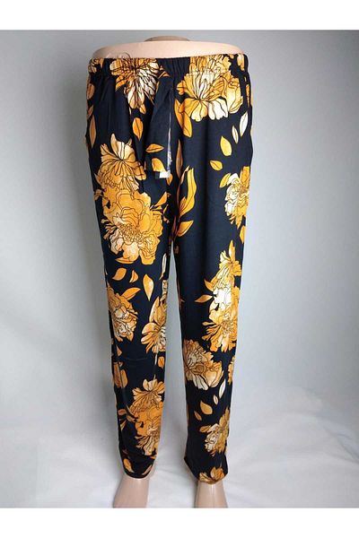 YAŞAR TRİKO Black Orange Patterned - Viscose Women's Bottomwear with Double Pockets and Elastic Waist