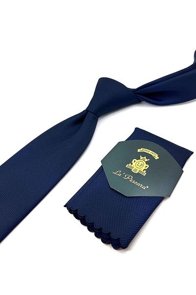 Kravatkolik Navy Blue Classic Tie with Self Pattern Handkerchief Kk11042