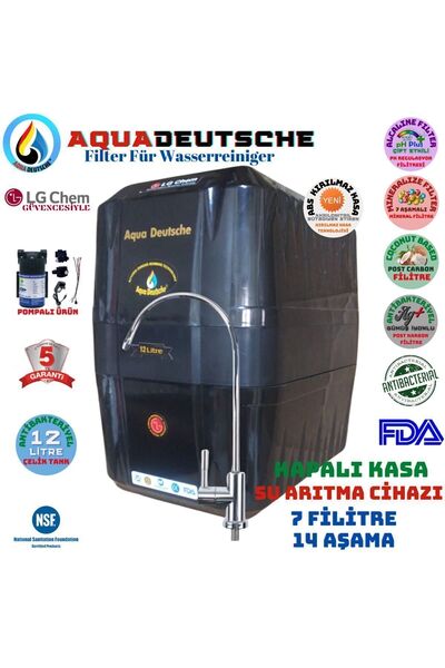 AQUA DEUTSCHE Pompalı Siyah Renk 12 Litre 14 Aşama 7 Filitre Ters Ozmoz Su Ar...