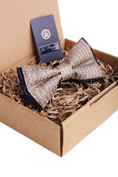 Kravatkolik Gold Yellow Navy Blue Motif Pattern Bow Tie P959