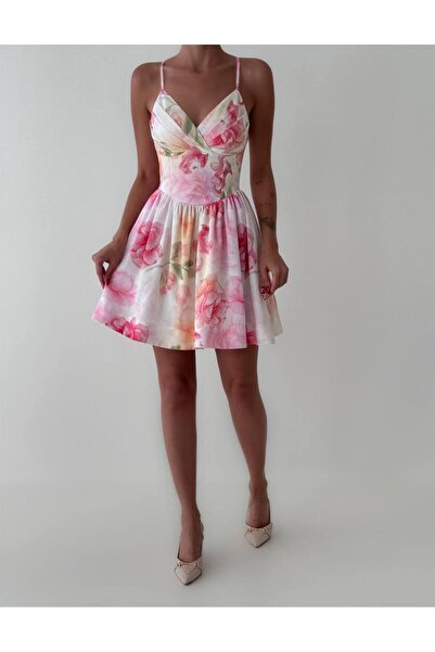 LİNEBUTİK Çiçek Desenli Astarlı Ayarlanabilir Askılı Mini Elbise