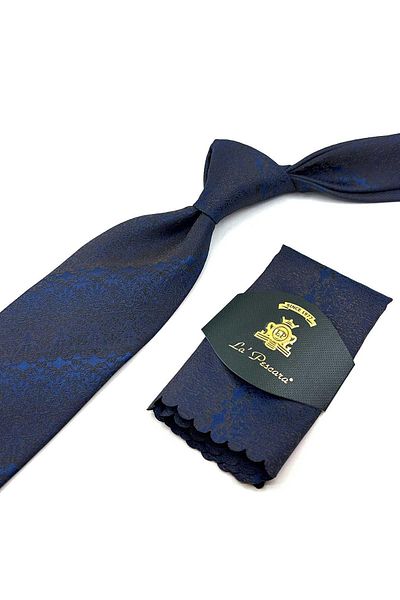 Kravatkolik Navy Blue Motif Pattern Classic Necktie with Handkerchief KK12421