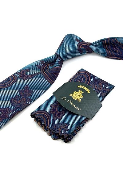 Kravatkolik Classic Necktie with Turquoise Shawl Pattern Handkerchief KK12046
