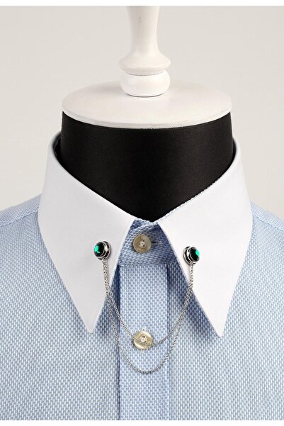 Green Gem Chained Silver Color Shirt Lapel Pin GI019