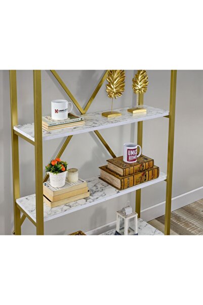 UmkaHome GOLD Metal Kitaplık 5 Raflı Beyaz Mermer Desenli Altın Kitaplık