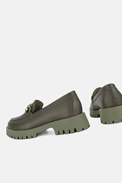 TUNAELLİ Kadın Yeşil Hakiki Doğal Deri 36-41 Numara Tokalı Loafer Ayakkabı