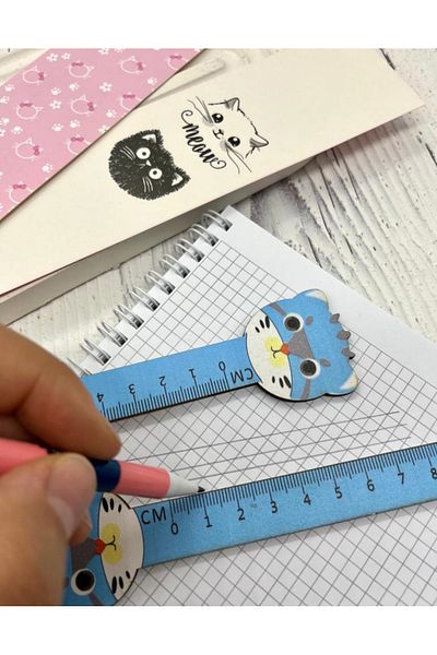 Kağıt Gemi Dükkan Cute Kitten Blue Wooden Ruler / Bookmark