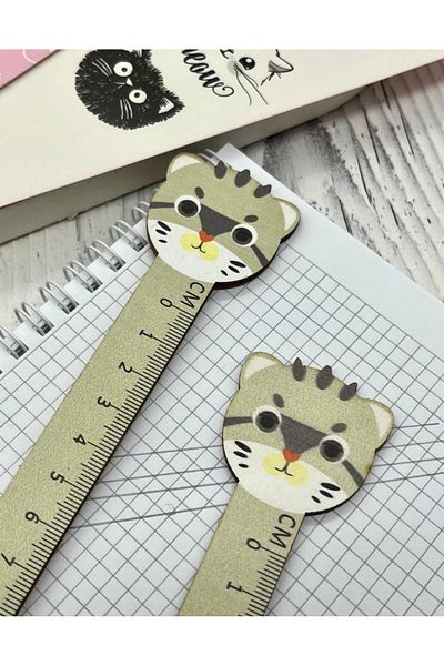 Kağıt Gemi Dükkan Cute Kitten Green Wooden Ruler / Bookmark