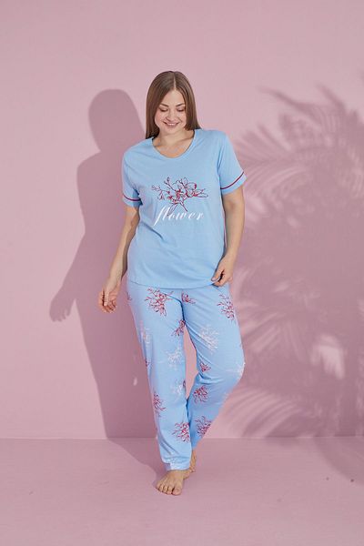 Alcteks Floral Patterned Blue Color Piping Summer Cotton Short Sleeve 2-Piece Women's Pajamas Set