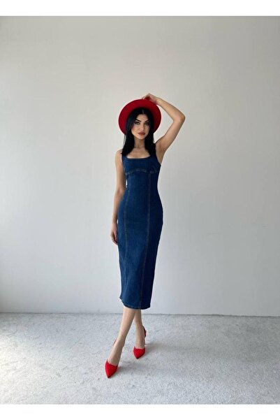 Afiş Butik Lacivert Kalın Askılı Denim Midi Boy Elbise