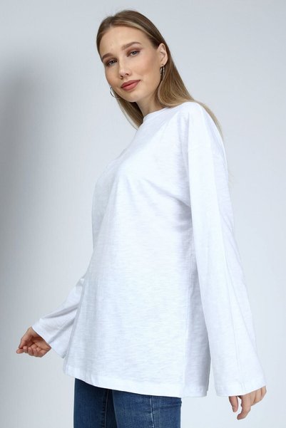 BASICA Plume Women's Flamed White Long sleeve Crew Neck Basic Oversized t-shirt