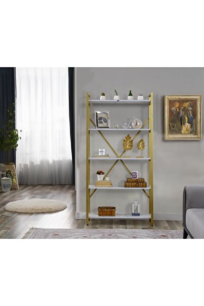 UmkaHome GOLD Metal Kitaplık 5 Raflı Beyaz Mermer Desenli Altın Kitaplık