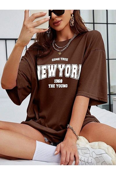 Let's Wear Καφέ μπλουζάκι με στάμπα New York με γιακά ποδηλάτου