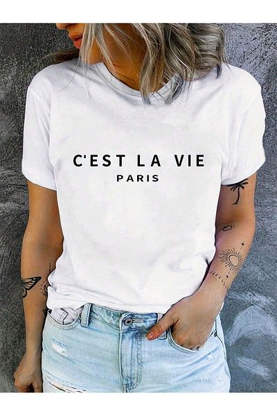 Let's Wear Μπλουζάκι C'EST LA VIE Premium με εμπριμέ γιακά ποδηλάτου
