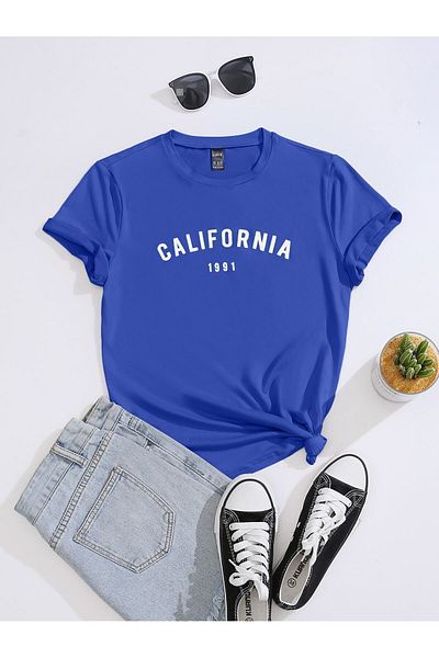 Let's Wear Tricou oversize albastru Saks cu imprimeu California