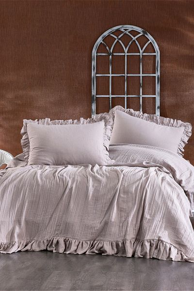Minelya Home Collection Aura Double Muslin Pique Set - Frilly 3 Piece Bedspread and Pillowcase