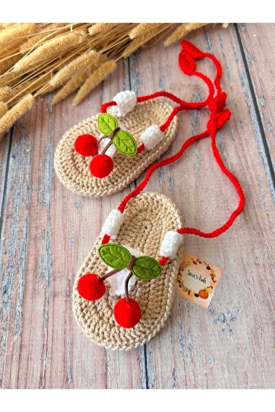 seraskids El Yapımı Örgü Kirazlı Kız Bebek Parmak Arası Sandalet Patik