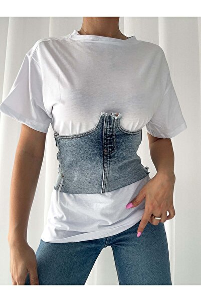 efstyle Corset din denim - Cu dantelă la spate și detaliu la piept