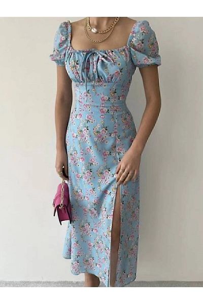 La Querta Imprimeu Floral Galben - Rochie Premium Midi de damă cu decolteu pătrat și fante 02