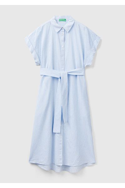 United Colors of Benetton Blue Linen Blend - Women's Tie-up Waist Slit Dress
