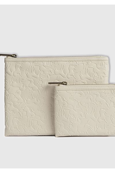 United Colors of Benetton Women's Cream Zippered Printed and Logo Detailed 2-Piece Handbag