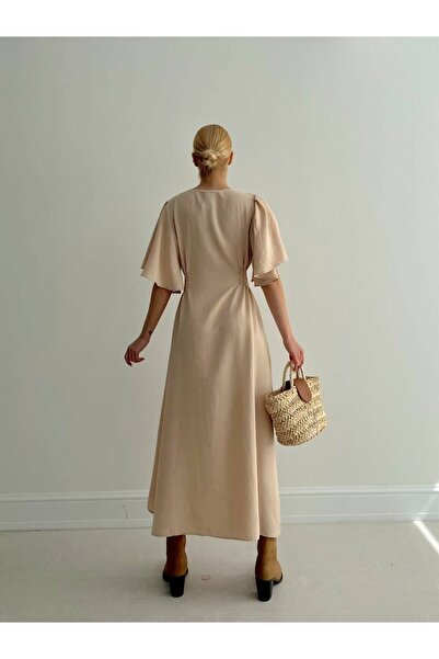 Lusin Kadın Bel Lastik Detaylı Boydan Düğmeli Elbise Taş Rengi