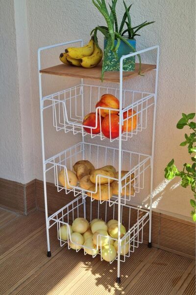 Digithome Ahşap Metal Çok Amaçlı 3 Katlı Standlı Patates Soğan Sepeti Ceviz Raflı - Beyaz - Mrs-001