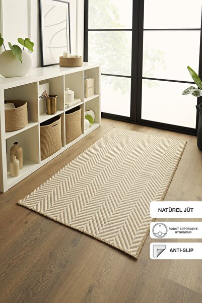 Ocean Home Textile Ekru Renk Balıksırtı Jüt Halı Kilim