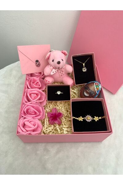 PRİYA JEWELERY Sevgiliye Ve Arkadaşa Özel Pembe Hediye Seti, Konsept Kutu, He...
