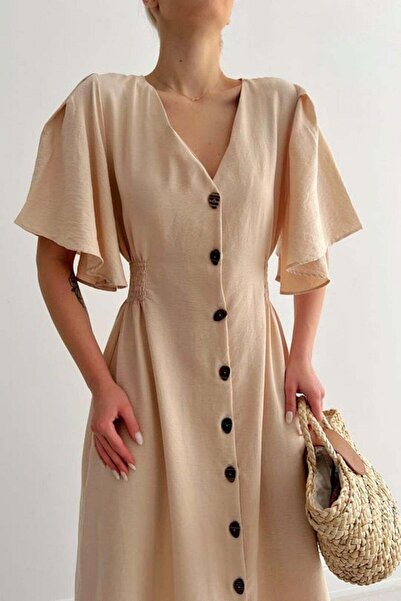 Lusin Kadın Bel Lastik Detaylı Boydan Düğmeli Elbise Taş Rengi