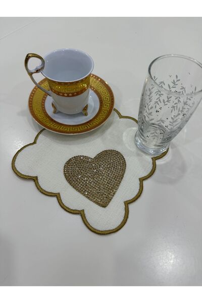 İNCİ ÇEYİZ 6 Adet Keten Kumaş Taşlı Kalp Desenli Nakışlı Kahve Yanı Kokteyl P...